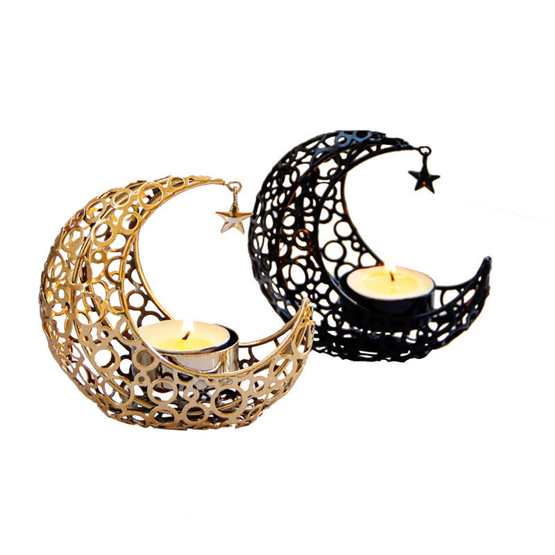 Luxury Crescent Moon Star Black Gold Metal Candle Holder Christmas Home Decor