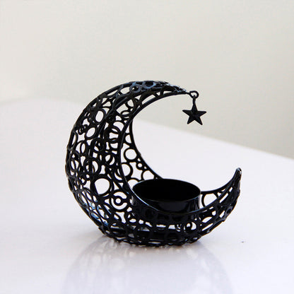 Luxury Crescent Moon Star Black Gold Metal Candle Holder Christmas Home Decor