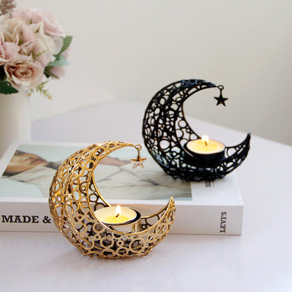 Luxury Crescent Moon Star Black Gold Metal Candle Holder Christmas Home Decor