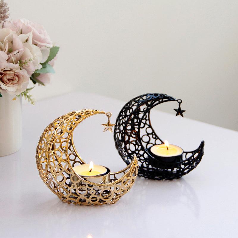 Luxury Crescent Moon Star Black Gold Metal Candle Holder Christmas Home Decor