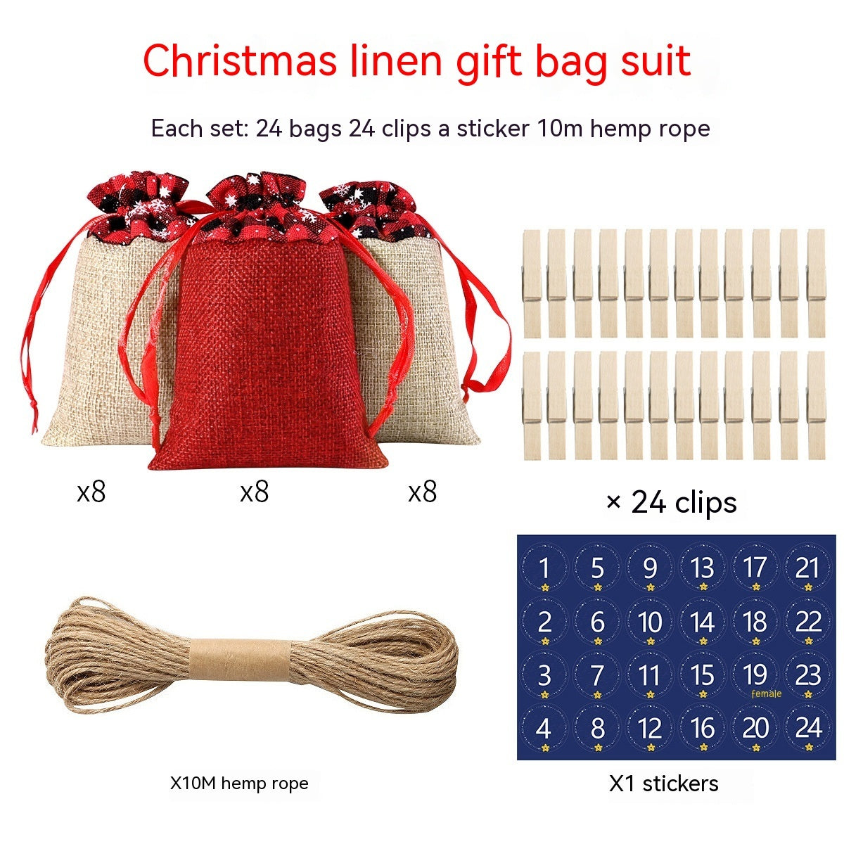 Cross-border Christmas Sack Suit Advent Calendar New Year Gift Hanging Bag Linen Christmas Gift Bag Suit