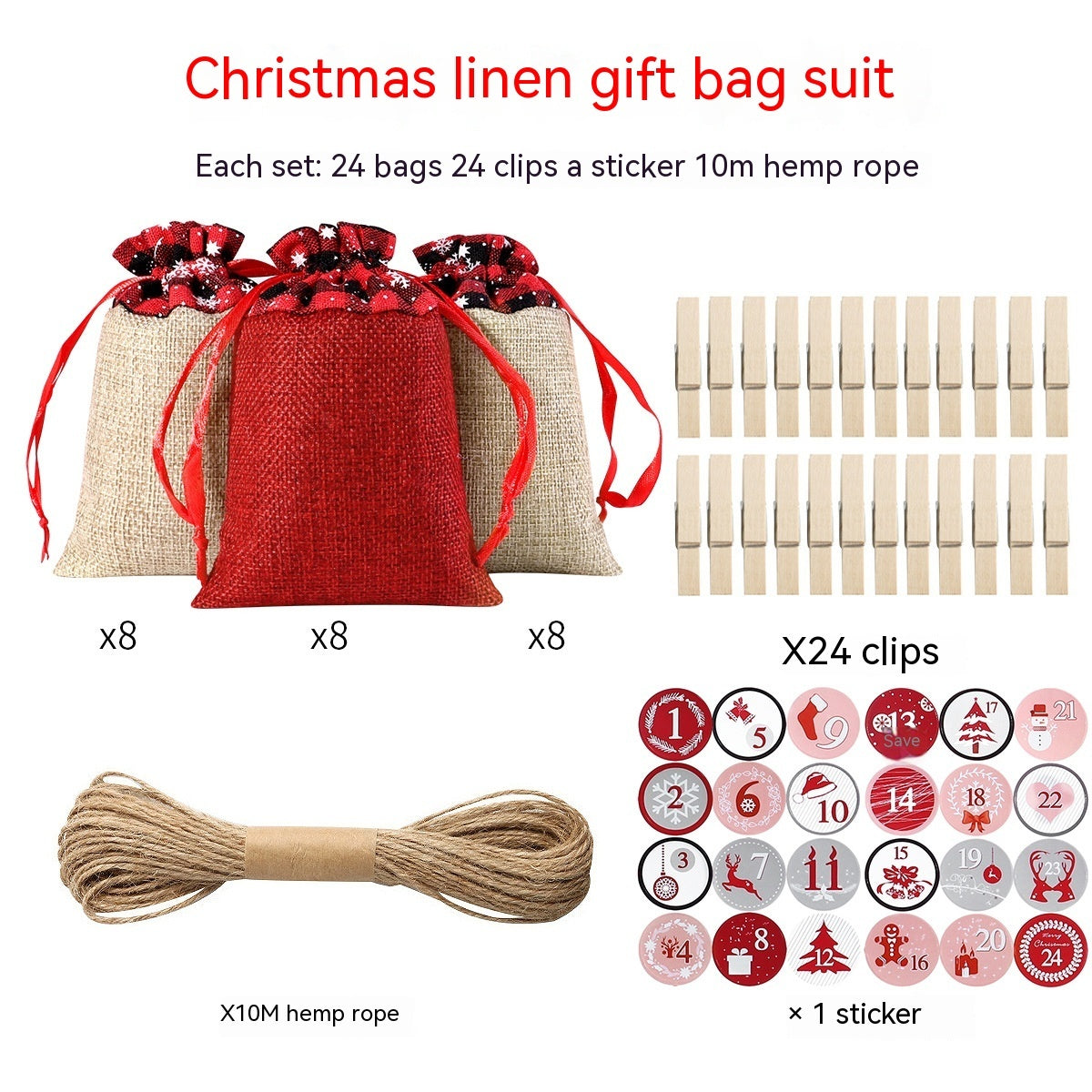 Cross-border Christmas Sack Suit Advent Calendar New Year Gift Hanging Bag Linen Christmas Gift Bag Suit